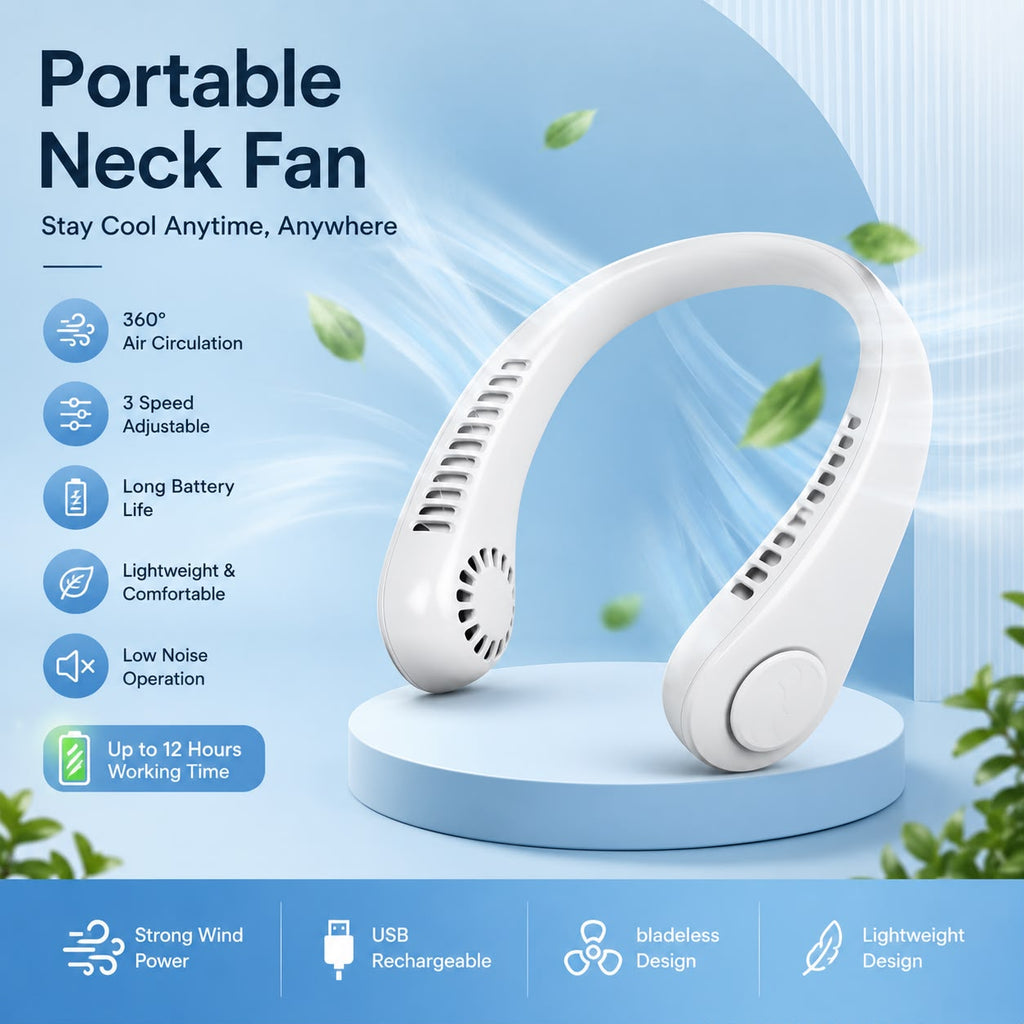 Bladeless Portable Neck Fan – USB Rechargeable Personal Cooler
